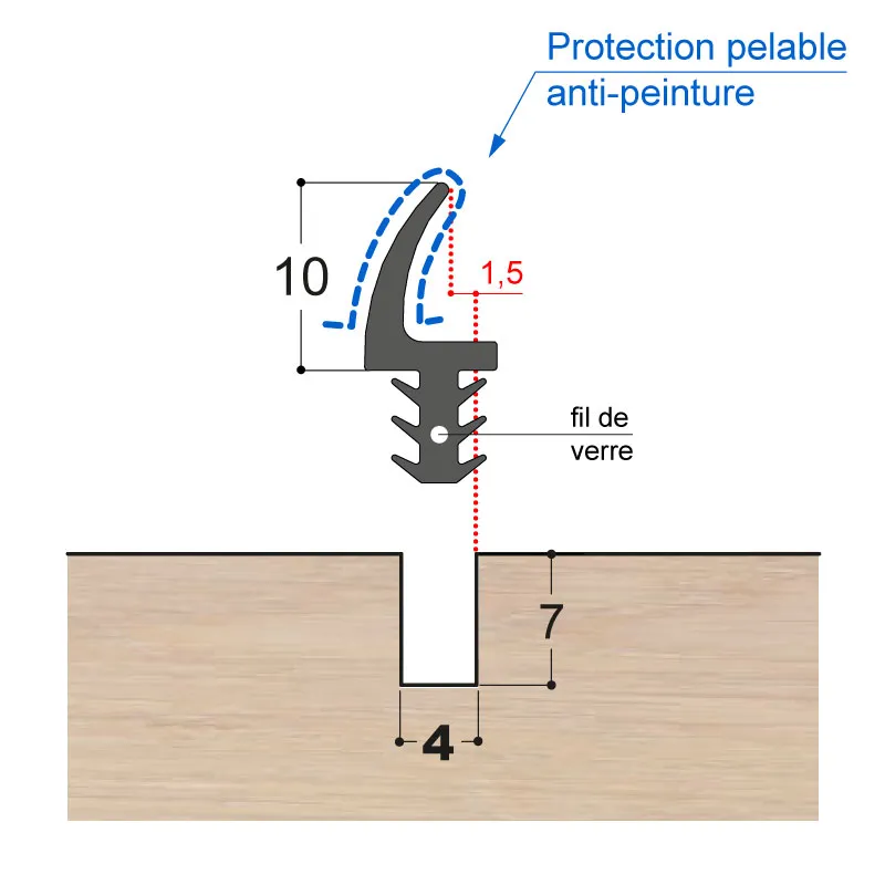 Joint sur dormant en caoutchouc, avec protection pelable. Pour menuiseries en bois. Jeu de 3 ou 4mm. Coloris: Noir (6 modèles)