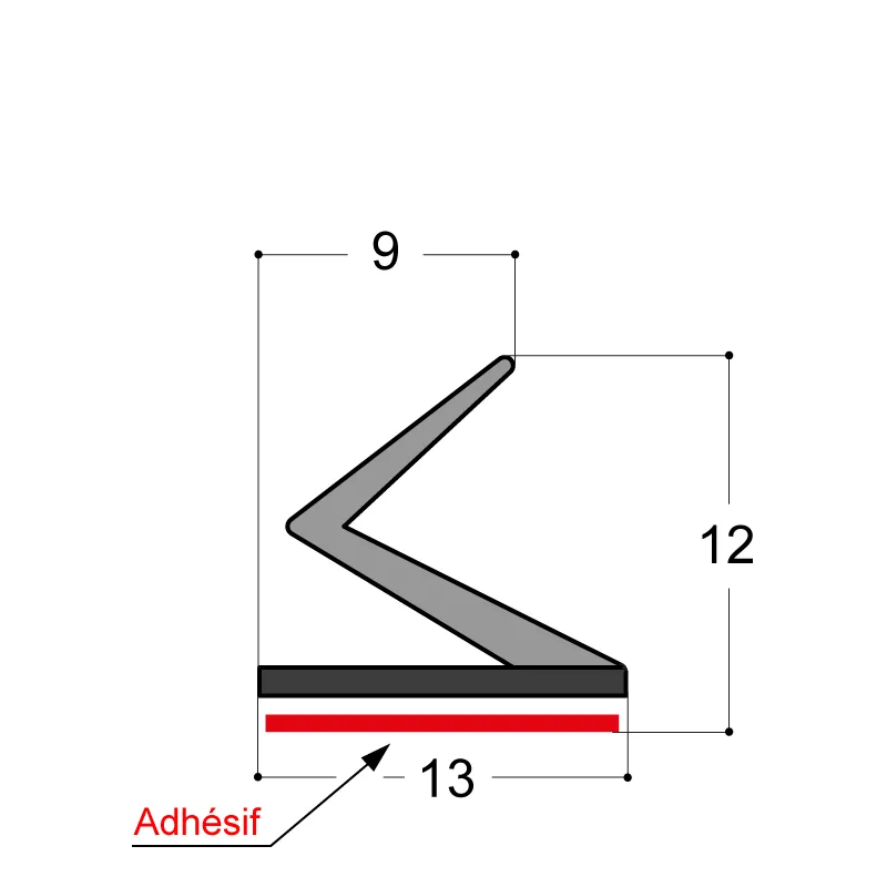 Joint adhésif extrudé en PVC bi-dureté à semelle rigide. Base 13mm x hauteur 12mm x 9mm - Noir ou blanc