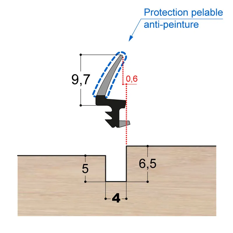 Joint sur dormant en PVC double-dureté, AVEC PROTECTION PELABLE. Pour menuiseries bois. Jeu de 4mm. 3 coloris: Noir, Marron ou Blanc
