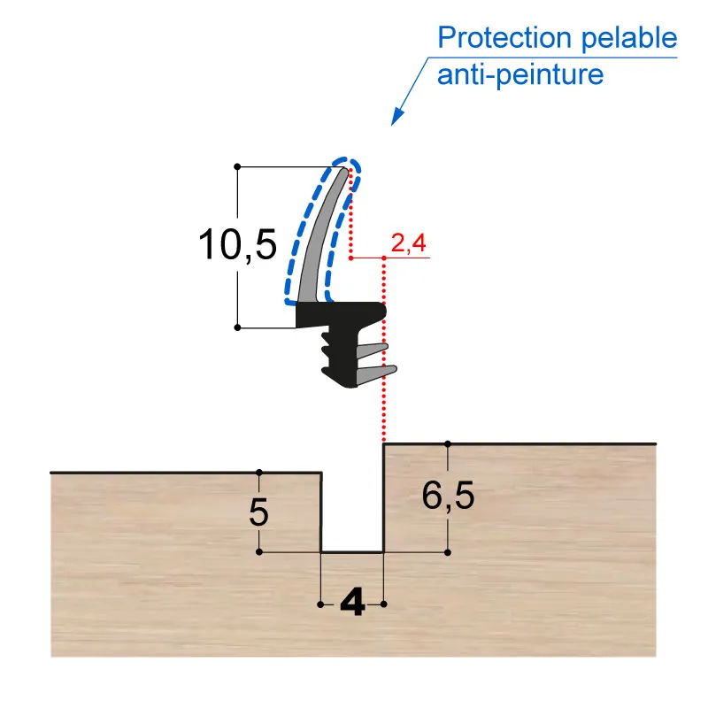 Joint sur dormant en PVC double-dureté, AVEC PROTECTION PELABLE. Pour menuiseries bois. Jeu de 4mm. Coloris: Noir ou marron